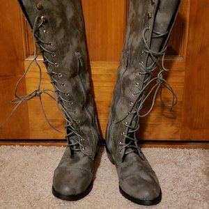 Gray leather lace-up boots